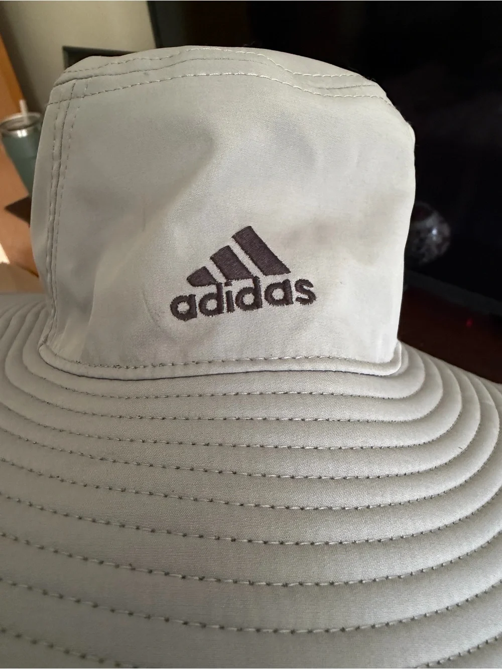 adidas Light Gray Outdoor Bucket Hat with Black Logo and Chin Strap